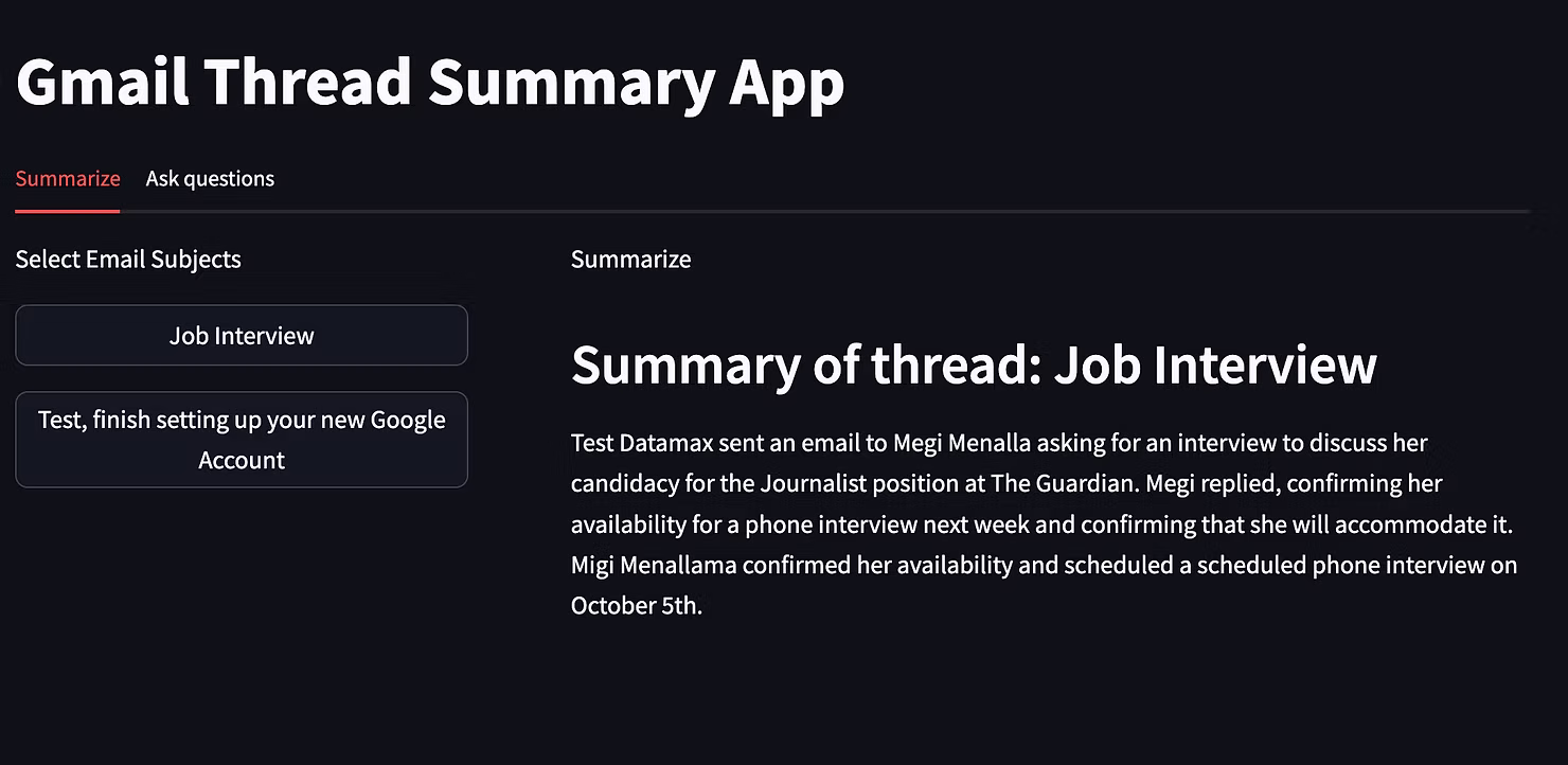 Streamlit app for email thread summarization.