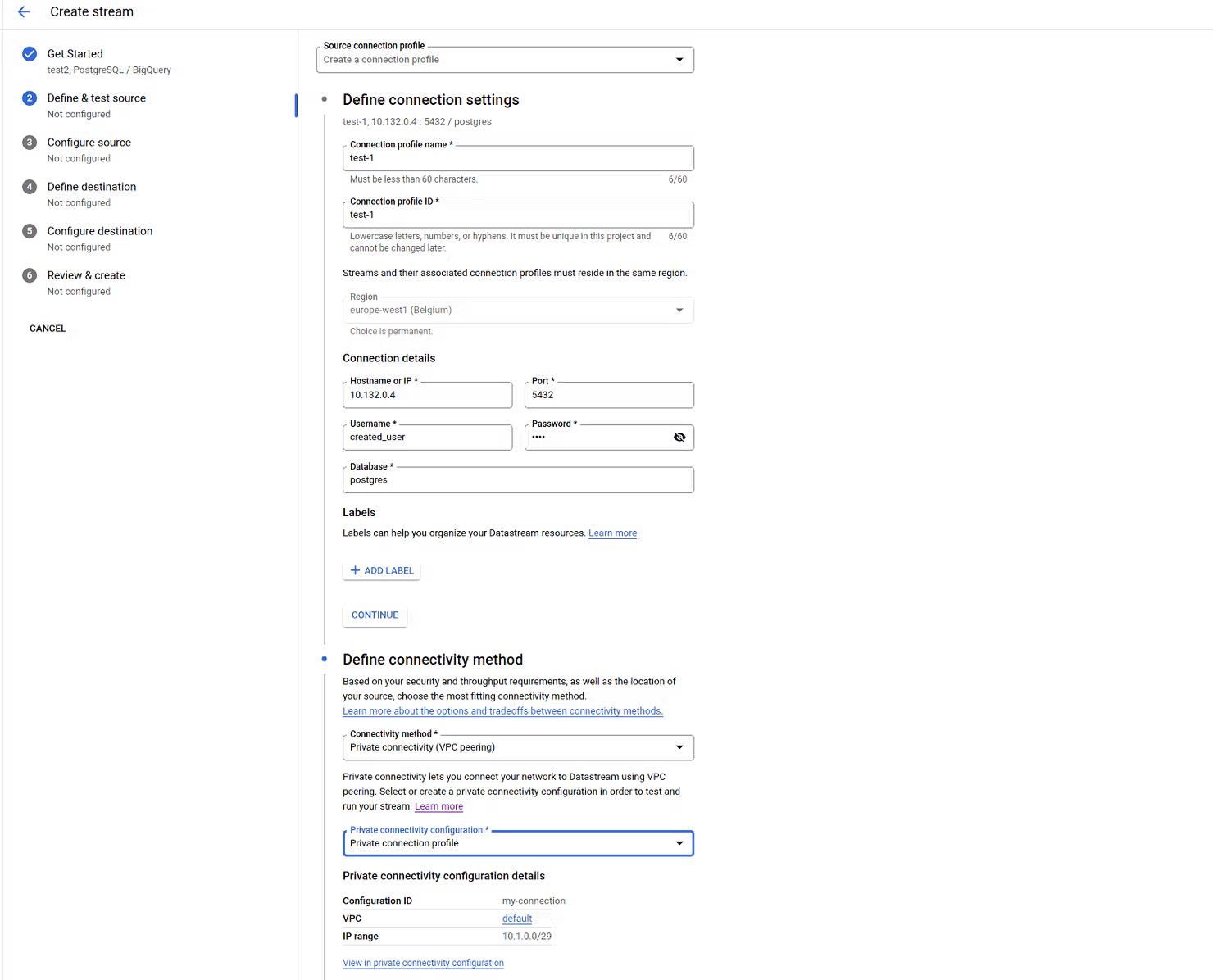 Datastream stream configuration with VPC peering selected.
